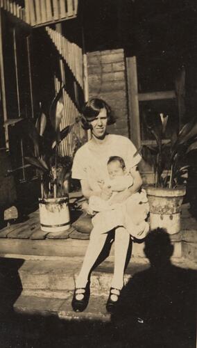 Digital Photograph - Mother sitting with Baby on Front Porch Steps, South Melbourne, circa 1930
