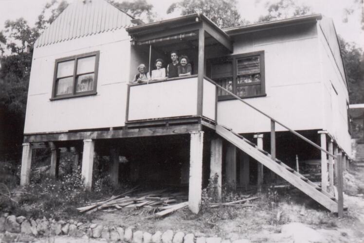 Digital Photograph - Family Standing on Balcony of 'Fibro' House, Tecoma, 1948-1949