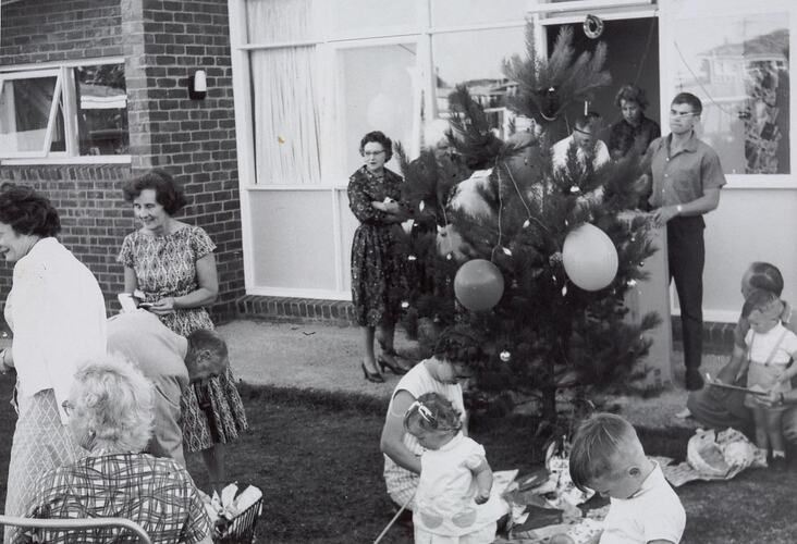 Digital Photograph - Family Christmas Party with Decorated Tree, Front Yard, Doncaster East, 1962