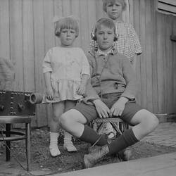 Digital Photograph - Boy & Two Girls Listening to Homemade Crystal Set Radio, Backyard, Brunswick, 1923