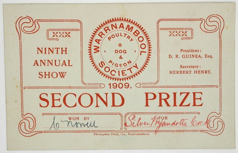 Certificate - Second Prize, Awarded by Warrnambool Poultry Dog & Pigeon Society to C Nowell for a Silver Wyandotte Cock, 1909