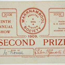 Certificate - Second Prize, Awarded by Warrnambool Poultry Dog & Pigeon Society to C. Nowell for a Silver Wyandotte Cock, 1909