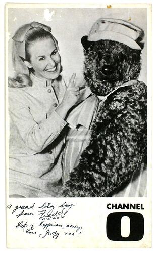 Advertising Card - 'Judy Banks with Fredd bear', Channel 0, LJ Sterne Dolls Company