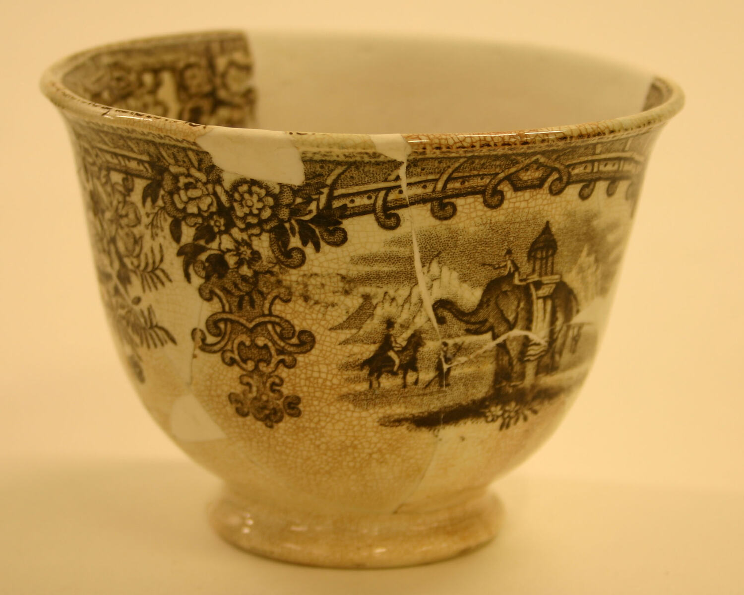 Tea Cup Whiteware, Brown, Transferprinted, Scenic Pattern, England