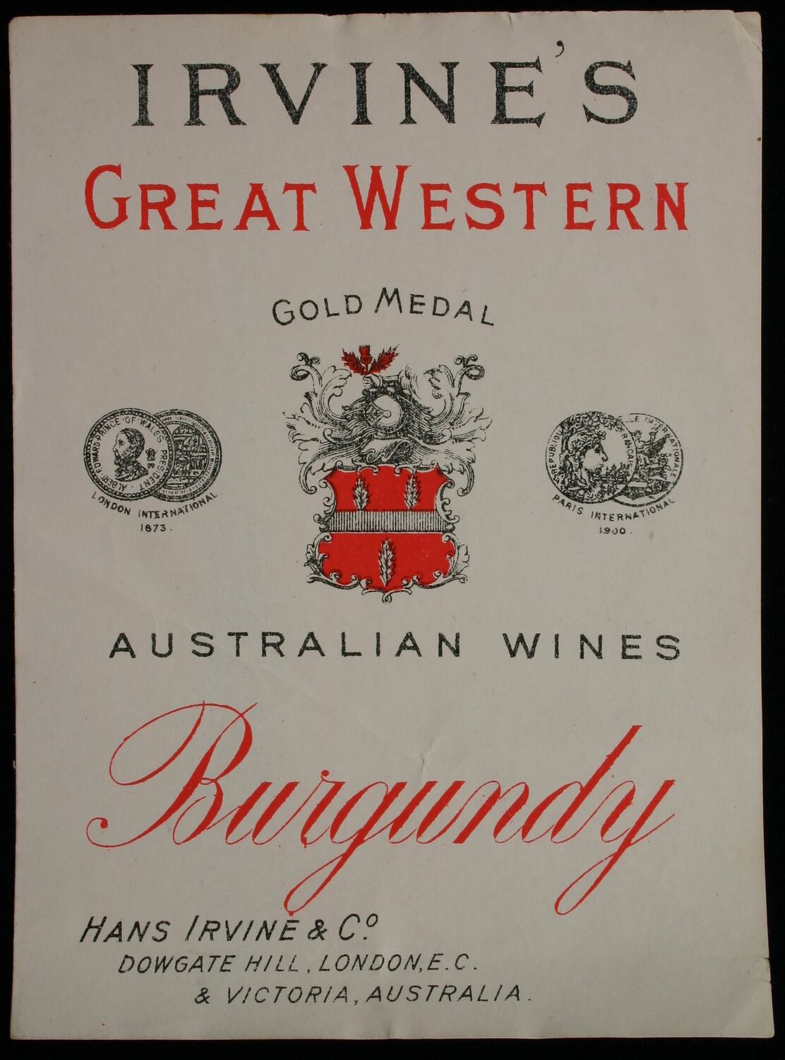 Wine Label Great Western Winery Burgundy 1905 1918