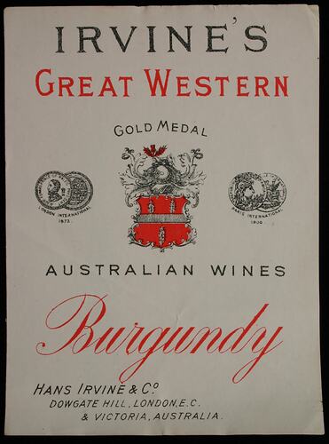 Wine Label - Great Western Winery, Burgundy, 1905-1918