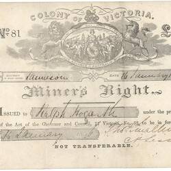 Miner's Right - Issued to Ralph Hogarth, Jamieson, Victoria, 16 Jan 1856