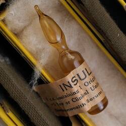 Brown glass ampoule containing clear liquid. Paper label affixed with black text. Rests in yellow card box.