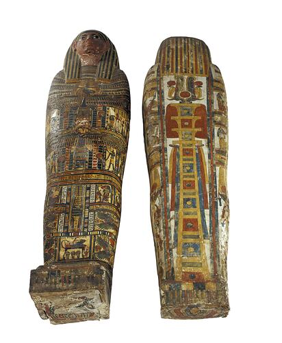 Egyptian coffin, base and lid decorated with colourful detailed pictures. Face on lid.