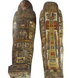 Egyptian coffin, base and lid decorated with colourful detailed pictures. Face on lid.