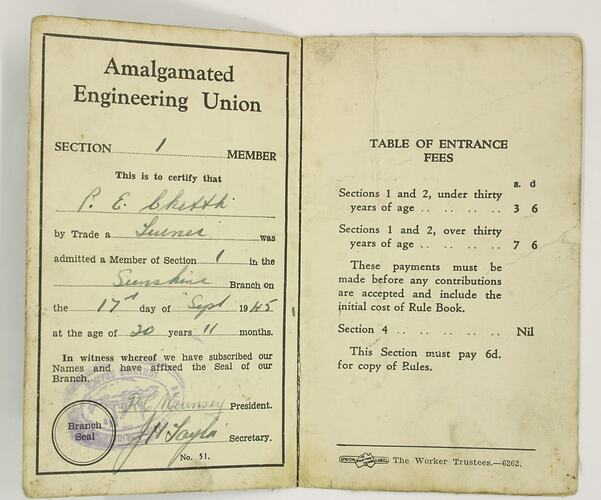 Membership Card - Issued to Peter Edward Chettle, Amalgamated Engineering Union, 17 Sep 1945