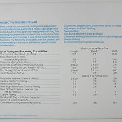 Printed booklet showing a list of plating and processing capabilities.