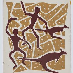 Greeting Card - Shields, Human Figures & Kangaroos, Brown & Mustard, No. 0088, circa 1949-1955