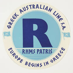 Baggage label - Greek Australian Line, RHMS Patris, circa 1950s