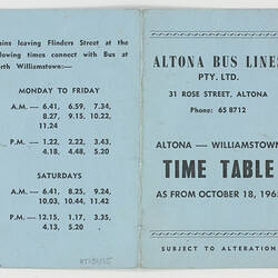 Blue Altona Bus Lines time table from 1965.