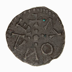 Coin, off-round, legend around central cross, '+ MONNE (the N's retrograde)'.