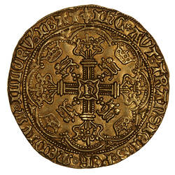 Coin, round, at centre the letter h over floriated cross, in each angle a lion passant; text around.