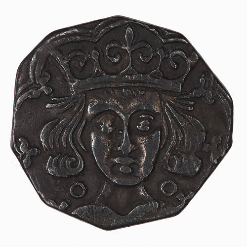 Coin, round, crowned bust of the King facing with annulet on each side of neck; legend removed by clipping.