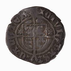 Coin, round, A royal shield quartered with the arms of England and France, dividing the letters WA.
