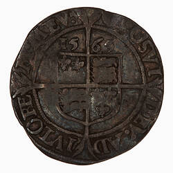 Coin, round, at centre within a beaded circle and over long cross fourchee, a quartered shield.
