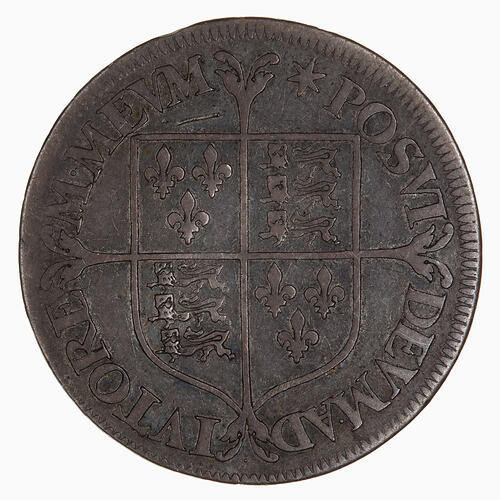 Coin, round, A plain, square topped shield quartered with the arms of France and England.