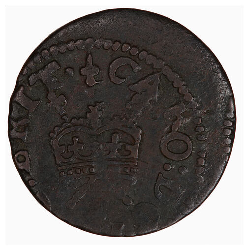 Token, round, at centre, a crown with crossed sceptres behind; text around.