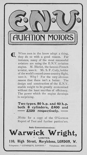 Advertisement - E.N.V. Aviation Motors, Warwick Wright Ltd, London, England, 1909