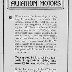 Advertisement - E.N.V. Aviation Motors, Warwick Wright Ltd, London, England, 1909