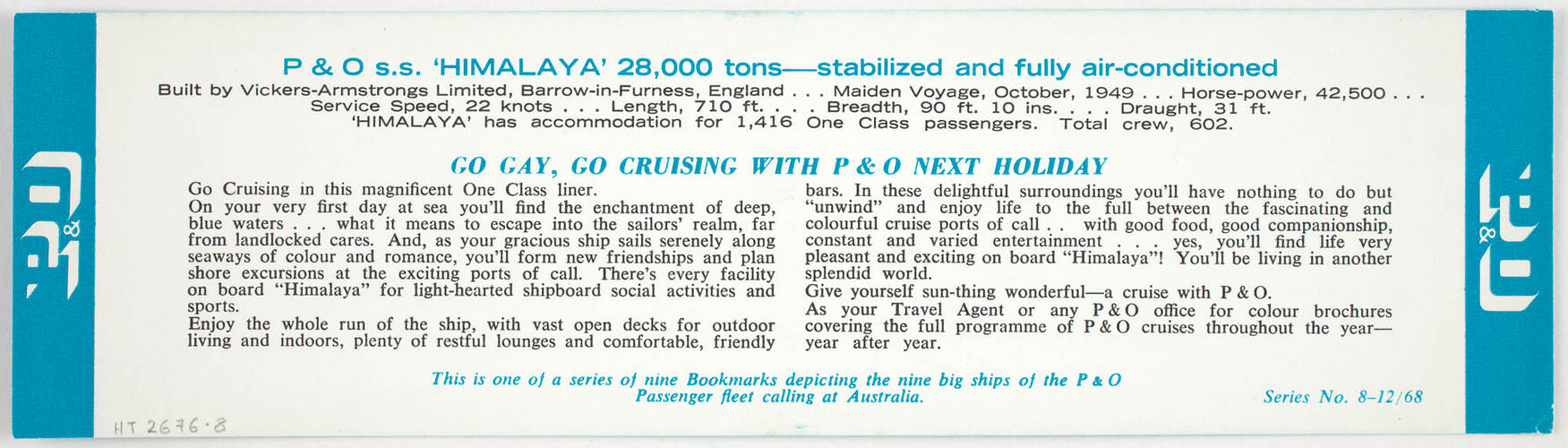 Bookmark issued by P & O Lines, 1968.