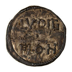 Coin, round, the moneyer's details above and below a central bead; LVDIG MON.