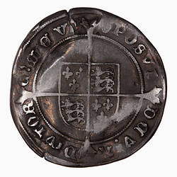 Coin, round, Royal shield, quartered with the arms of England and France, on a cross fourchee; text around.