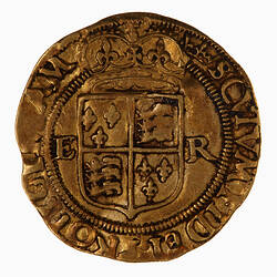Coin, round, Within a bead circle a plain square top shield quartered with arms of France and England.