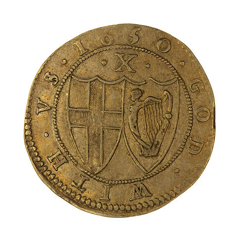 Coin, round, within a beaded circle two conjoined shields; one has St. George cross, the other the Irish harp.