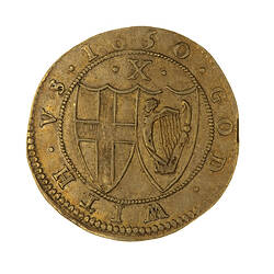 Coin, round, within a beaded circle two conjoined shields; one has St. George cross, the other the Irish harp.