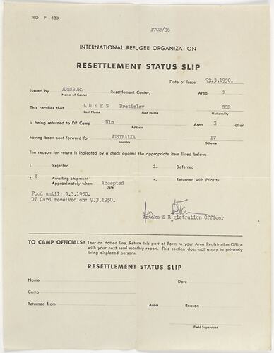 Document - Resettlement Status Slip, 9/3/1950