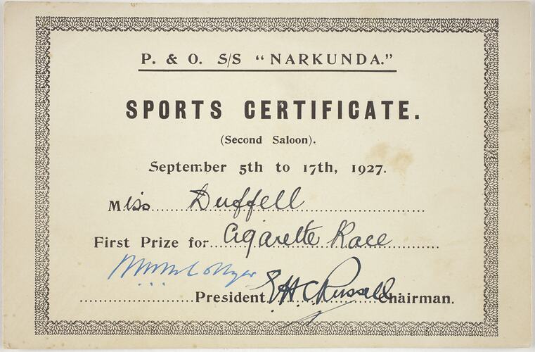 Sports Certificate - Cigarette Race, P&O S/S "Narkunda"