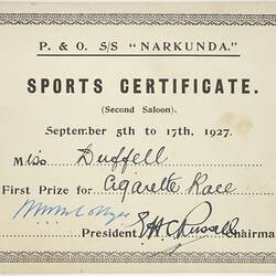 Sports Certificate - Cigarette Race, Awarded to Miss Duffell, SS Narkunda, 1927