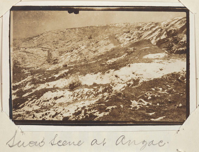 Sloping landscape with patches of snow.