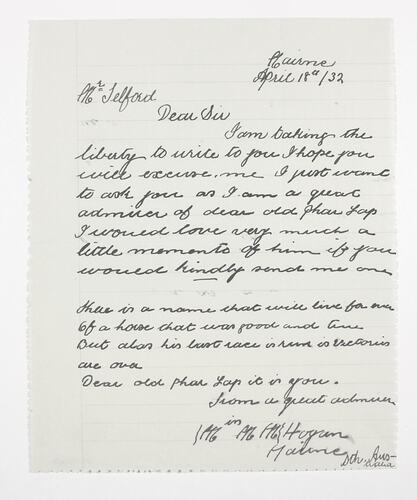 Letter - Hogan to Telford, Phar Lap's Death, 18 Apr 1932