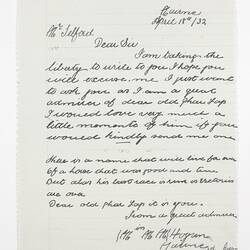 Letter - Hogan to Telford, Phar Lap's Death, 18 Apr 1932