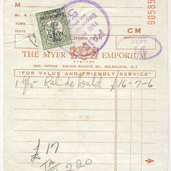 Receipt - Issued to G Toth, Myer Emporium, 23 Nov 1957