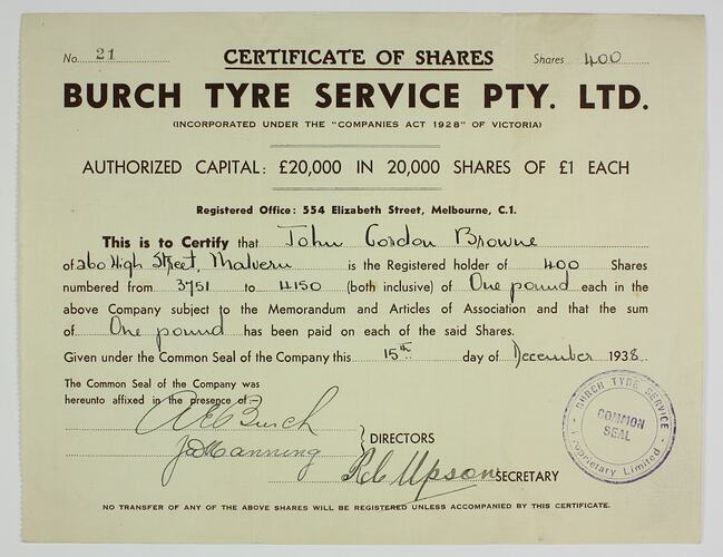 Scrip - Burch Tyre Service, Melbourne, Victoria, 1938