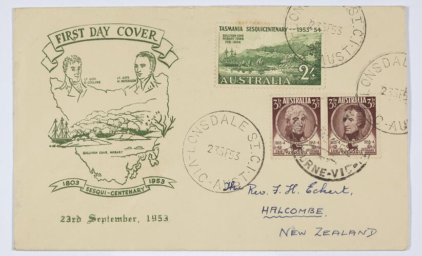First Day Cover - Australia 150th Anniversary of Settlement in Tasmania, 3 1/2 Pence & 2 Shillings, Australia, 23 Sep 1953