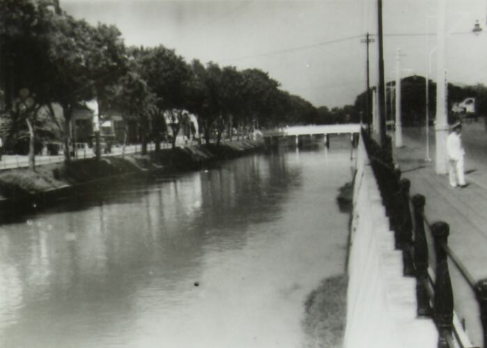canal with trees lining the left side and sidewalk along the right.