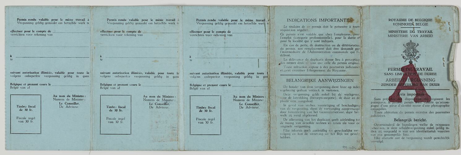 Booklet - Permis De Travail, Issued to Sandor Tokai, Belgium, 31 Aug 1961