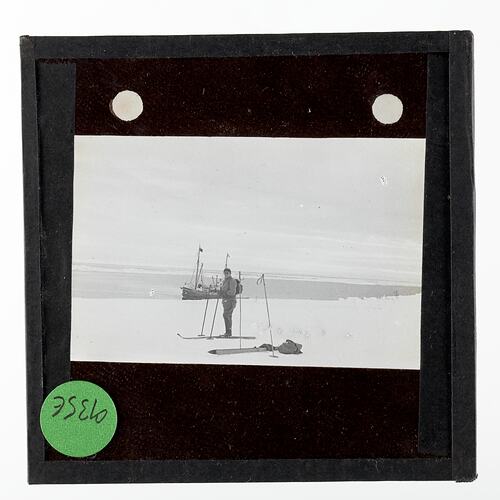 Lantern Slide - Explorer on Skis & the Wyatt Earp at the Bay Of Whales, Ellsworth Relief Expedition, Antarctica, 1935-1936