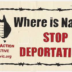 Banner - Where is Nader? Stop Deportation, Refugee Action Collective, 2002