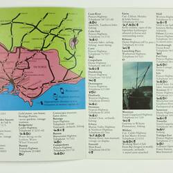Open booklet. Printed list of restaurant locations with a coloured illustrated map of VIC and NSW.