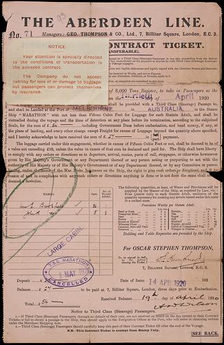 Passenger Contract Ticket - TSS Marathon, Issued to E & J Brookfield, Melbourne, 14 Apr 1920