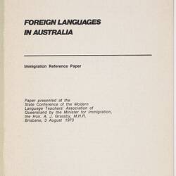 Booklet - A. J. Grassby, 'Foreign Languages in Australia', 1974